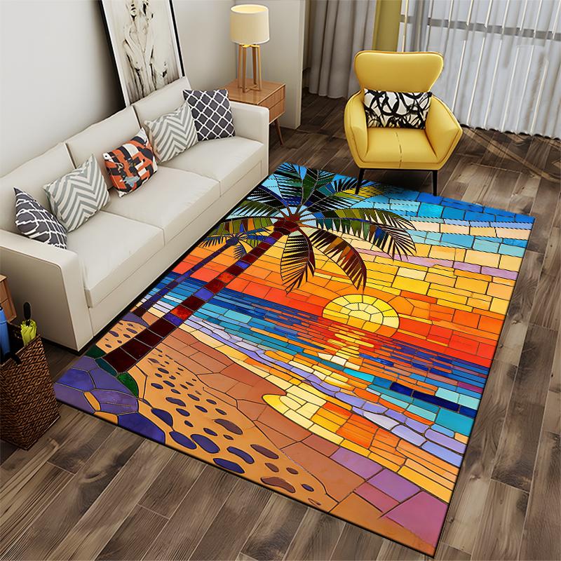 Colorful Sunset Beach Stained Glass Design Carpet with Palm Tree Suitable for use as an anti-slip for living room bedroom sofas