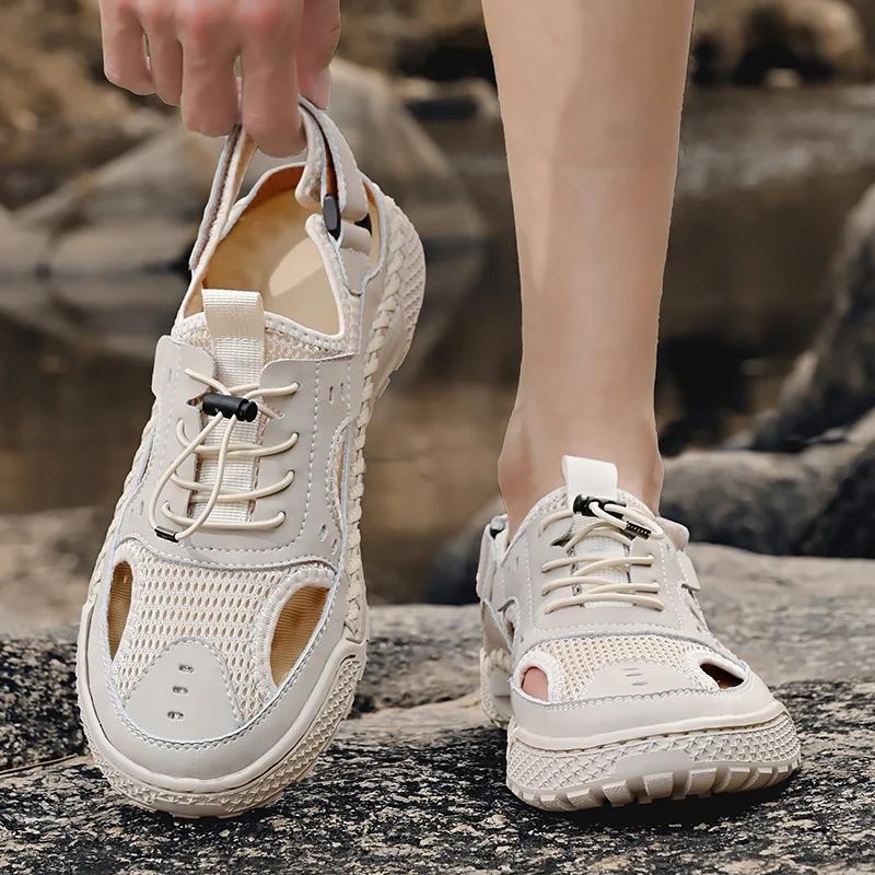 Модные мужские сандалии Tide 2024, лето, новый стиль, кожаный носок, для отдыха на природе, полые сандалии, пляжная обувь, мужская обувь из сетки ручной работы