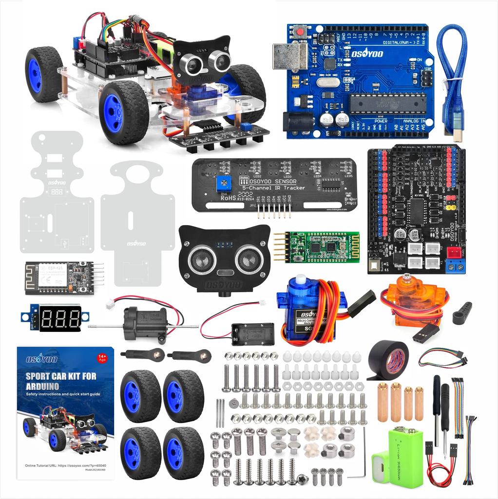 OSOYOO Arduino UNO Robot Car Smart Car Kit with Servo Steering Rack, DIY Kit, Bluetooth, Wi-Fi, IOT, Autodrive, C++, and Computer Programming