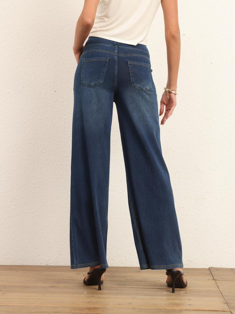 Shascullfites Джинсы со средней талией и широкими штанинами для женщин, эластичные темно-синие джинсы, повседневные брюки свободной посадки с карманами