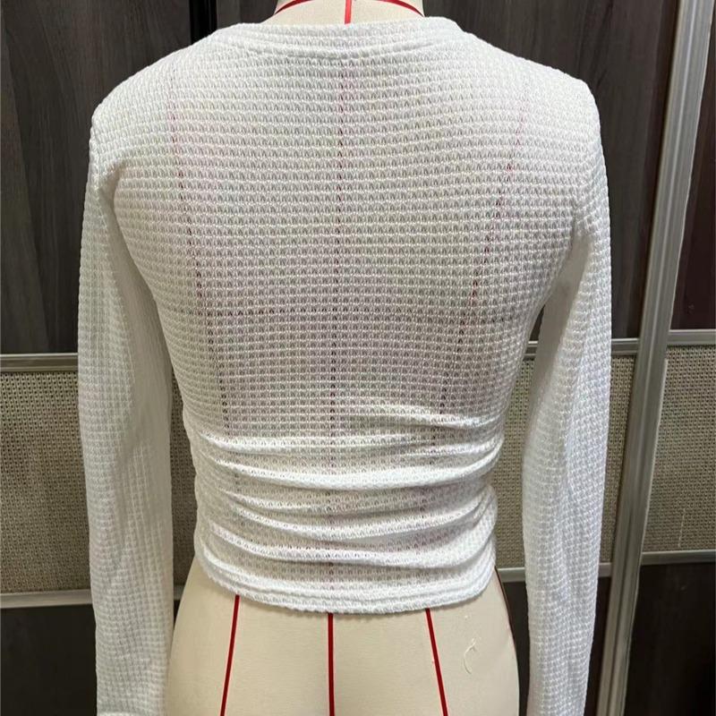 Модная тонкая футболка с круглым вырезом и длинным рукавом, элегантная однотонная трикотажная повседневная футболка для женщин, простая базовая женская укороченная футболка-пуловер 26148