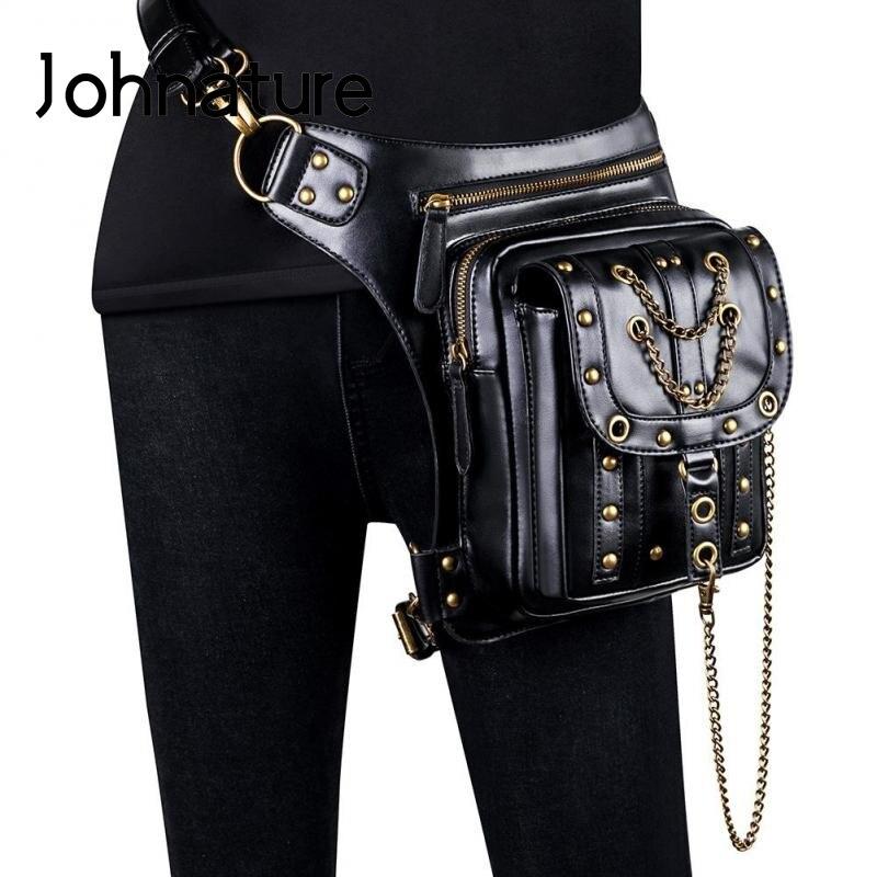 Johnature Punk Rivet Women Waist Pack Outdoor Chain Moto & Biker Belt Bag Pu Leather Multifunctional Shoulder Bags