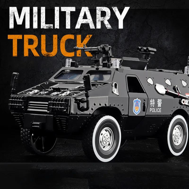 1:24 Scale Riot Armored Car Model Toy Alloy Military Off-road Vehicle 7 Doors Opened Police Carriage Models Music Light Gifts