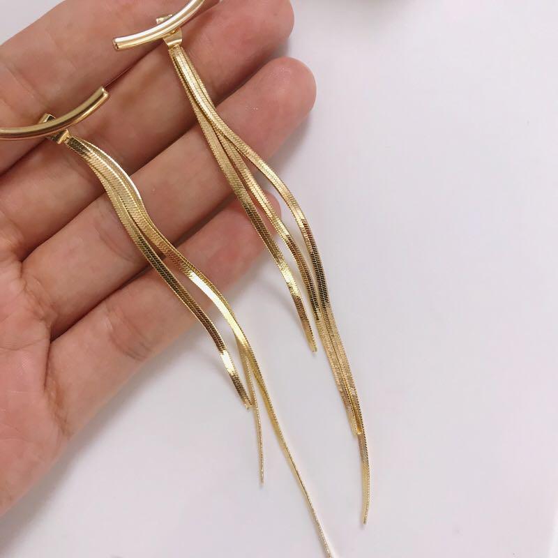 Vintage Glossy Arc Bar Long Tassel Drop Earrings for Women Gold Color Geometric Jewelry Luxury Hanging Pendientes