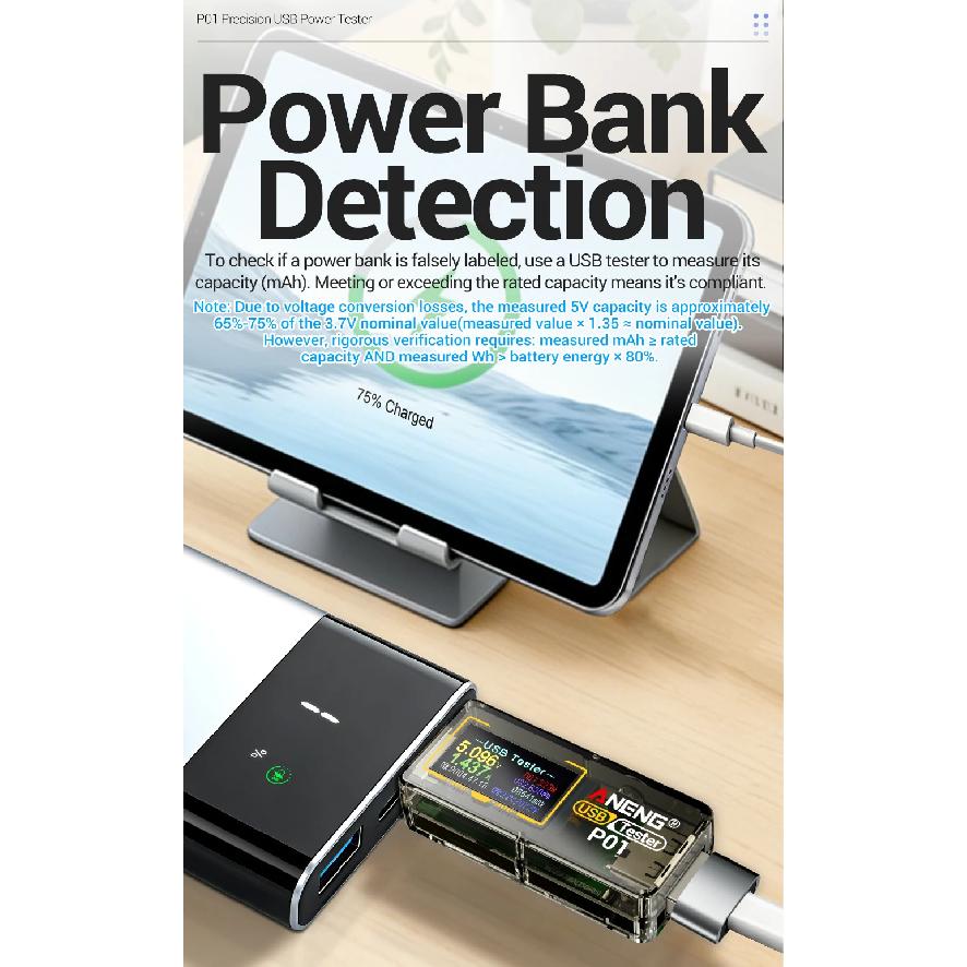 Цифровой вольтметр-амперметр ANENG P01 USB-тестер 4В-30В Емкость Энергия Температура Детектор быстрой мощности