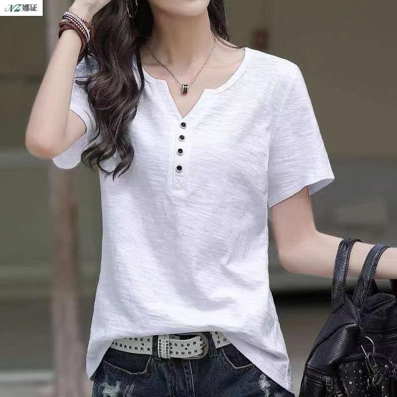 Short-sleeved T-shirt Women's V-neck Loose and Thin 2025 Summer Large Size Solid Color Simple Half-sleeved Top