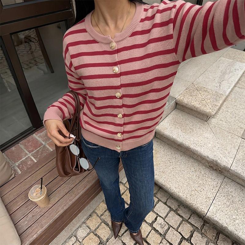 Womens Long Sleeve Christmas Knit Cardigan Sweater Red Striped Casual Winter 2026