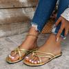 Новый стиль Золотые сандалии с перемычкой для пальца Женские летние на плоском каблуке Пляжные шлепанцы Женские больших размеров 43 Легкие уличные тапочки