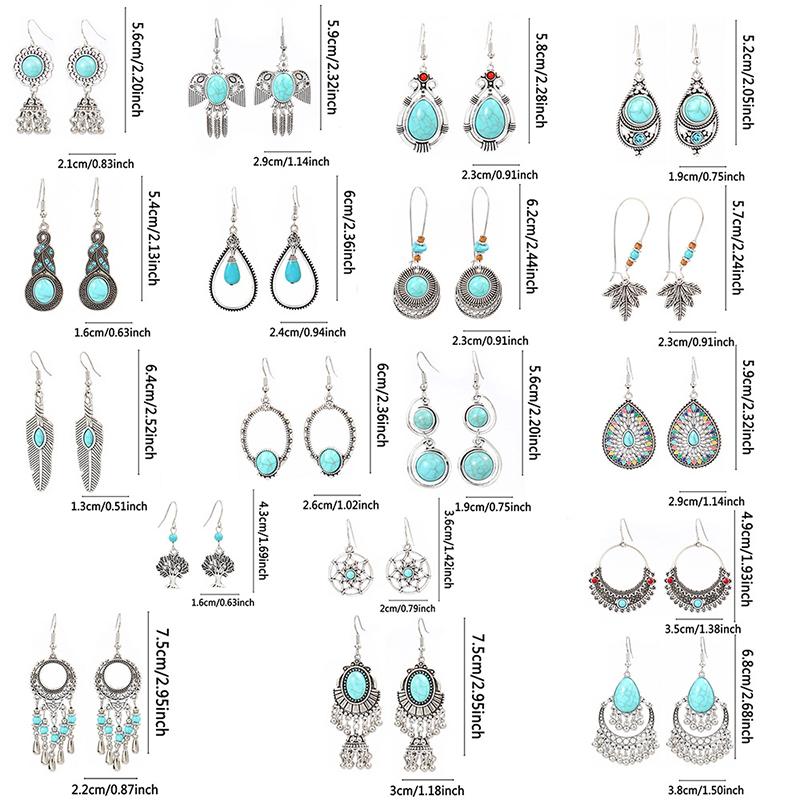 Vintage Tibetan Silver Geometric Turquoises Drop Dangle Earrings Woman Retro Ethnic Blue Beads Boho Jewelry Earrings Wholesale