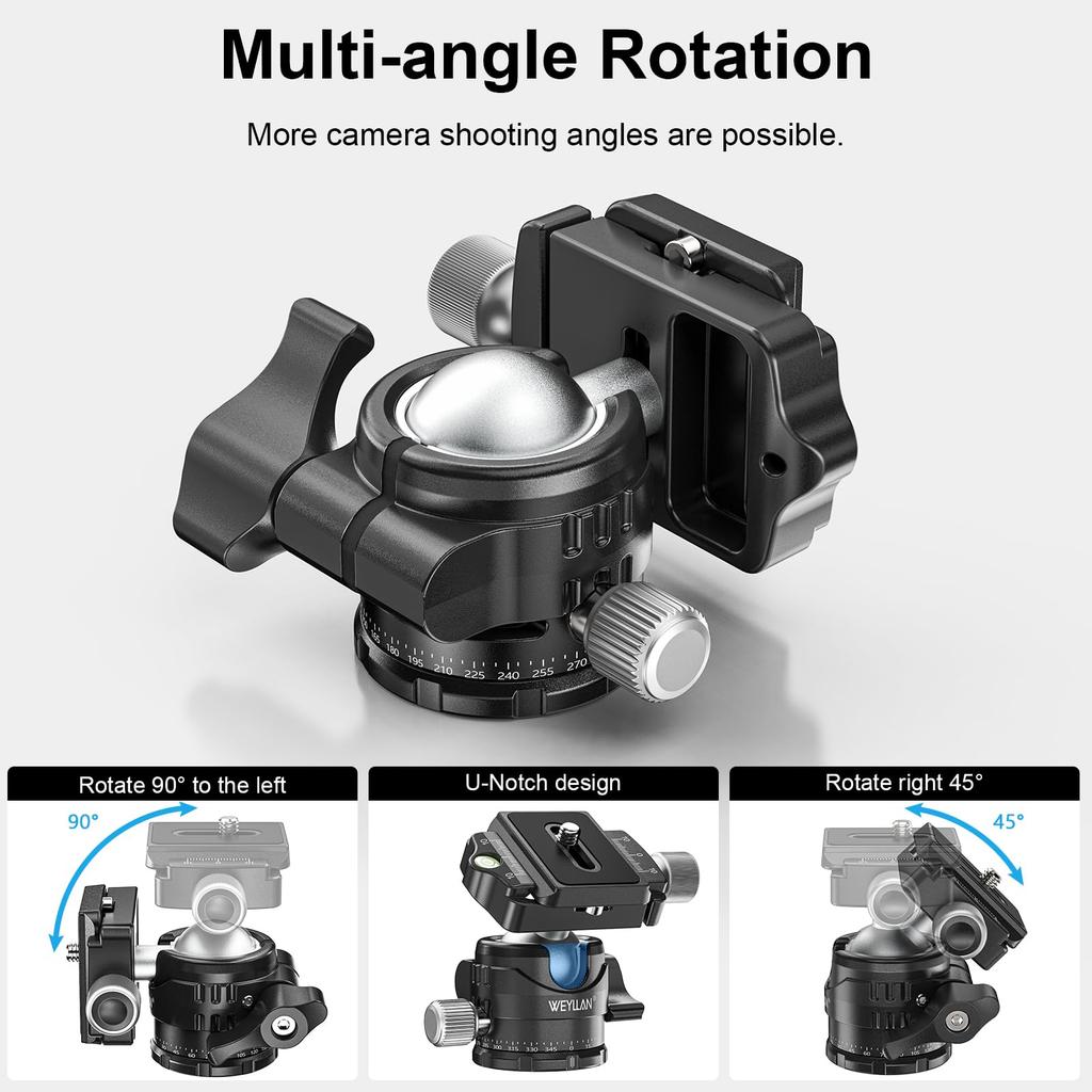 WEYLLAN Шаровая компактная и 5 кг нагрузка 40 мм труба Легкая Высокостабильная Компактная Подходит для различных сцен, таких как и Свободно вращающаяся головка, Вращение на 360°,