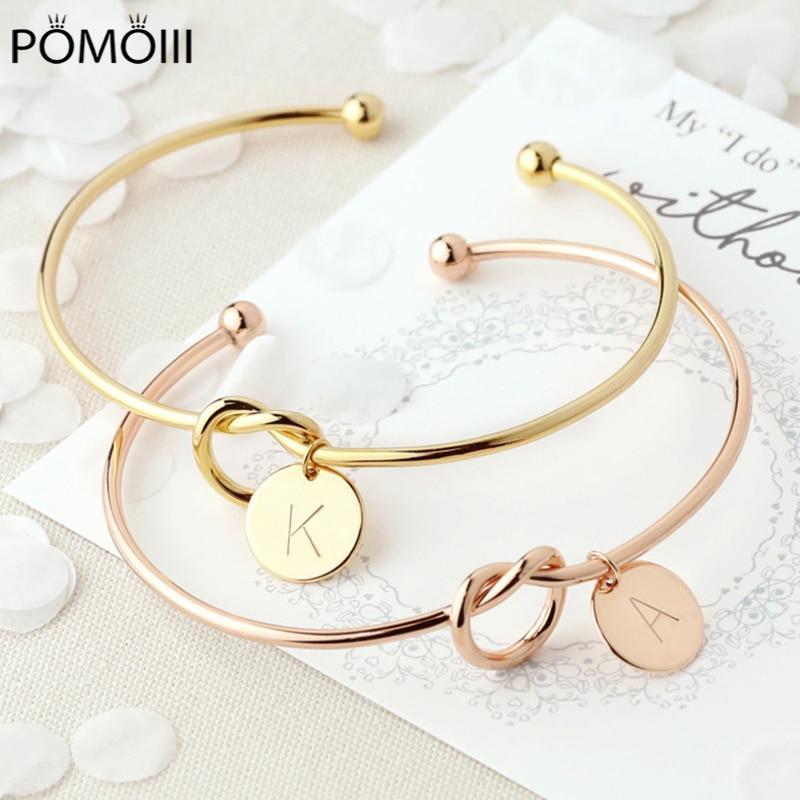 Fashion Name Female Jewelry Initial Alloy Letter Charm Bracelets For Women Girls Rose Gold Bow-knot Bracelets Bangles