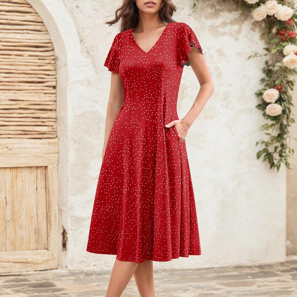 Женское летнее модное элегантное платье миди в стиле ретро с V-образным вырезом и оборками на рукавах