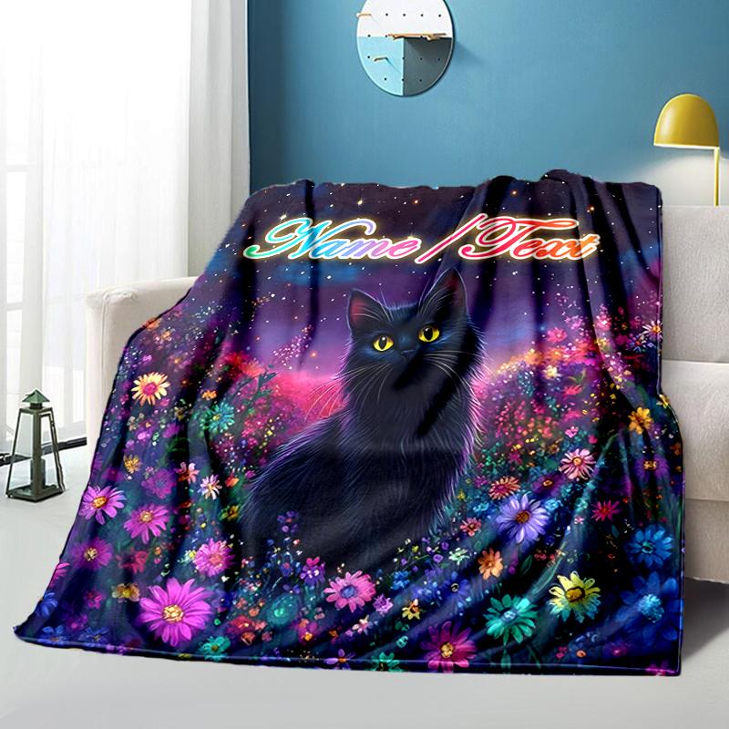 1PC Custom Name Black Cat Flowers outdooor Flannel blankets Throw Blanket All-Season Throw Gift Bedspread for Couch, Bed, Camping Holiday Birthday gif
