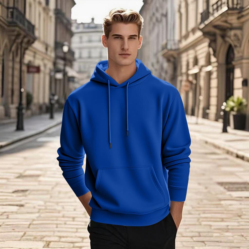 Men's Pullover Hooded Sweatshirt Solid Color Round Neck Loose Hoodie Long Sleeve Top
