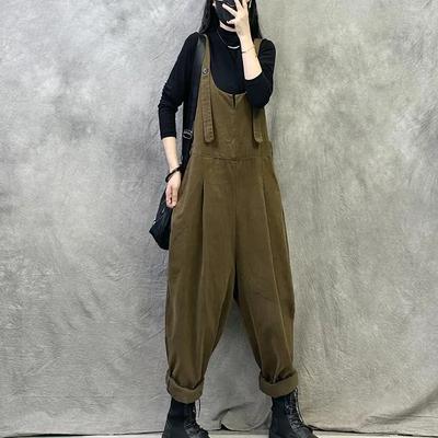 Ретро Комбинезон Женский Осенний Свободный и Тонкий Однотонный На Все Случаи Жизни Повседневные Брюки