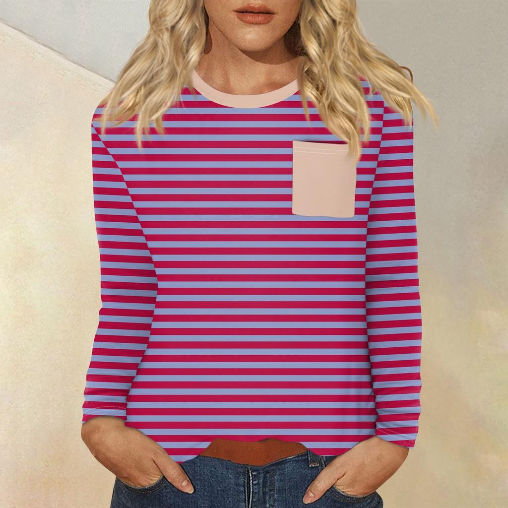 Женский повседневный топ с круглым вырезом и длинными рукавами в полоску с принтом