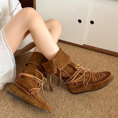 Ретро Плетеные Кисточки Шнуровка Ковбойские Сапоги Женские Завернутый Край Замшевая Кожа Сапоги до Середины Икры Женские Внутренний Каблук Вестерн Сапоги