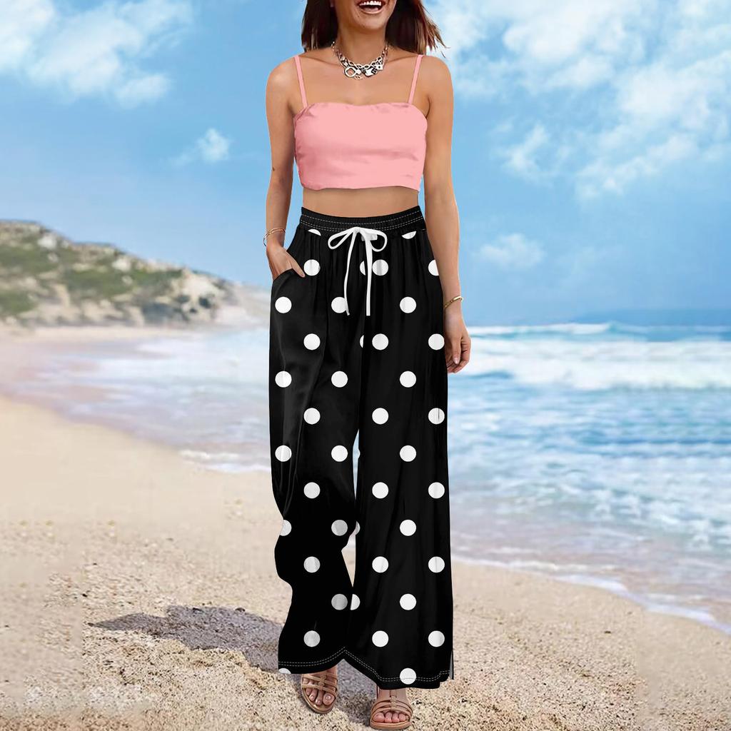 Women Summer Boho Palazzo Pants High Waist Wide Leg Rinting Casual Trousers With Pockets