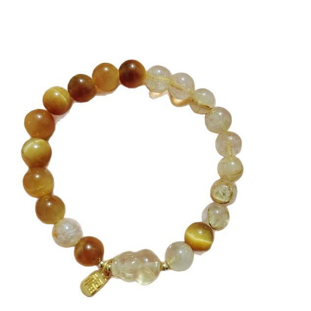 Women's Natural Golden Tiger Eye & Rutilated Quartz Crystal Bracelet - Elegant Wealth Stone Gift