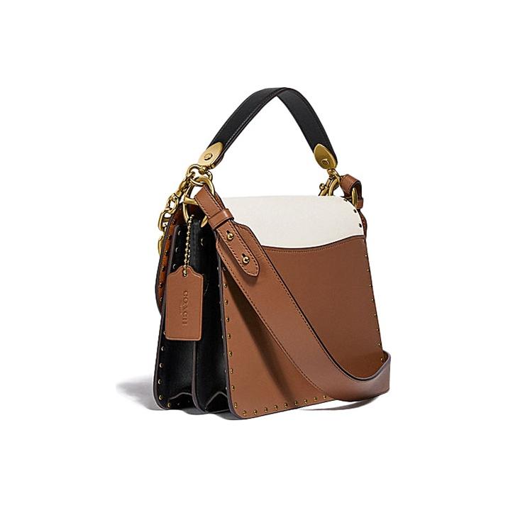 Coach Beat 24 Studded Color Block Chain Handle Leather Square Bag Women Handbags White Brown 4595-B4RGI