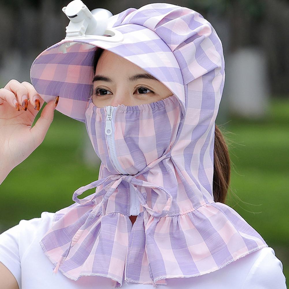 Women Summer Sun Hat Face-covering Neck Protective Windproof Sunshade Sunscreen Striped Hat With Fan