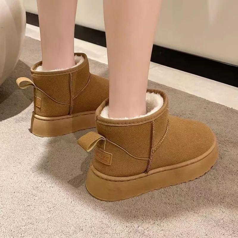 Зимние ботинки для женщин 2024 года, новые, с плоским дном, короткие, с толстой подошвой, теплые, короткие, плюшевые, удобные, нескользящие, ботинки для снега Botas Mujer