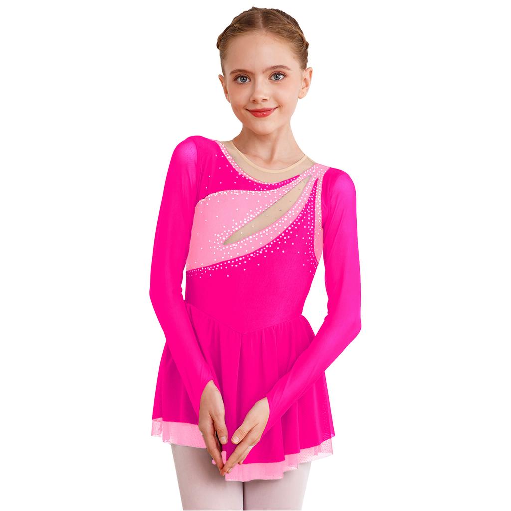 Kids Girls Sparkly Rhinestone Long Sleeve Figure Ice Skating Dress Ballet Modern Lyrical Dance Costume