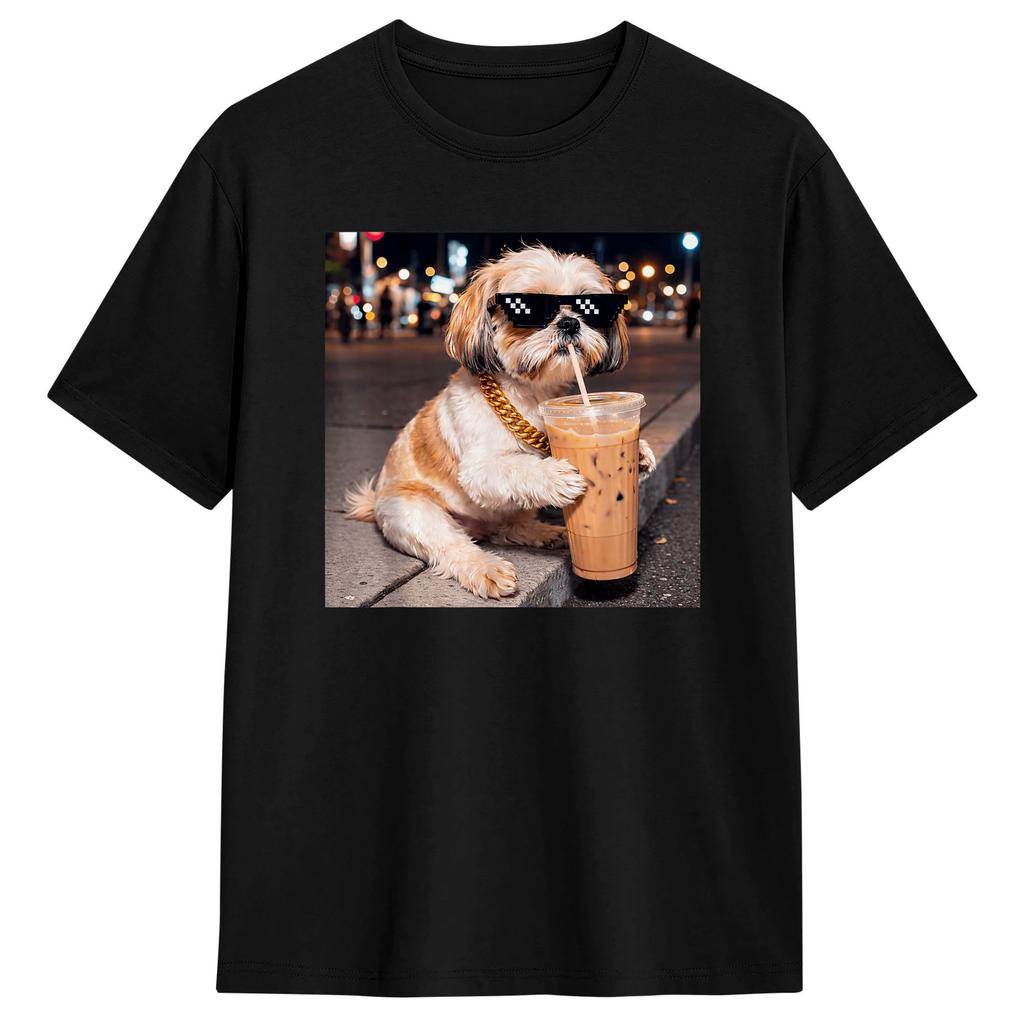 Funny Shih Tzu Drinking Iced Coffee Tshirt Summer Cotton Tshirts For Unisex Design Tshirt Short Sleeve Y2k Casual Clothing