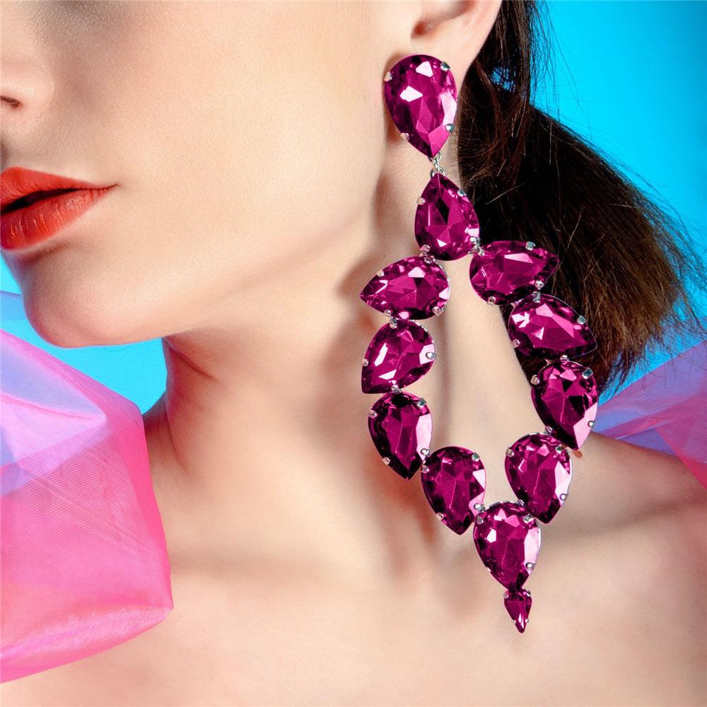 European And American Fashion New Orange Crystal Pendant Earrings, Women'S Temperament Super Flash Big Gem Stud Earrings Jewelry
