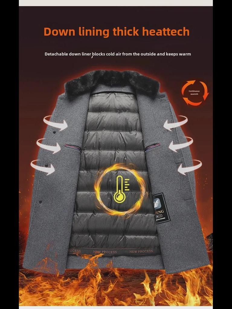 Мужское шерстяное пальто средней длины с мехом норки, съемной подкладкой из гусиного пуха и воротником-стойкой