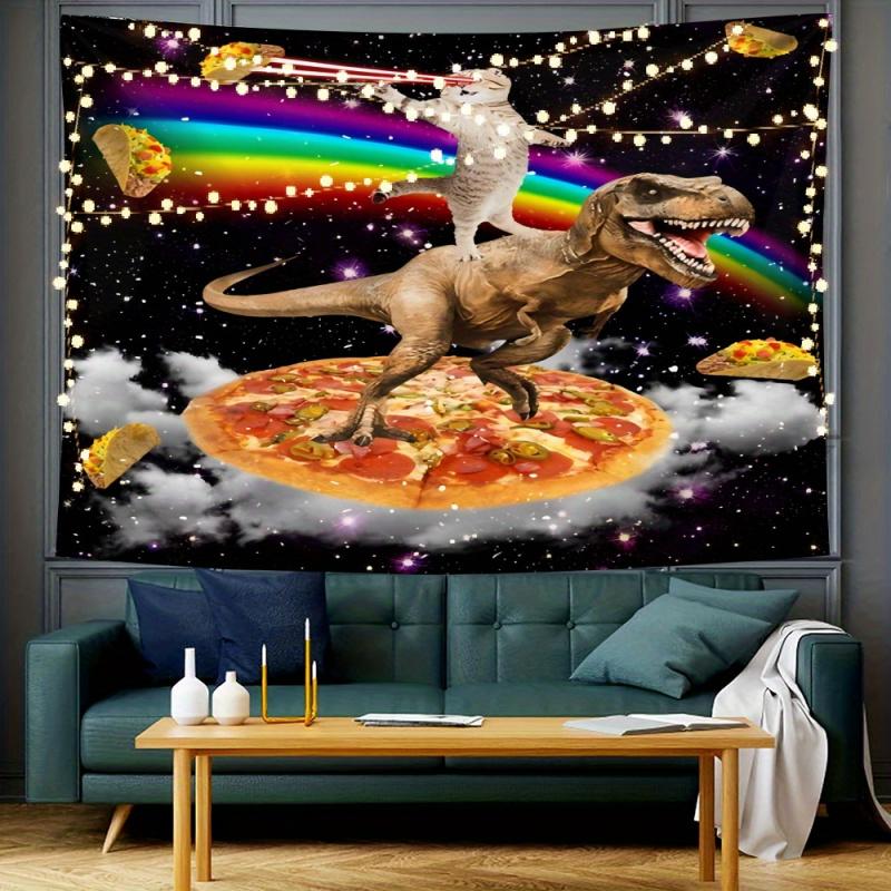 VIKAMA Rainbow Space Cat Riding Dinosaur Funny Tapestry Fun Pizza Tower Atmosphere Decoration Room Decoration Home Decoration