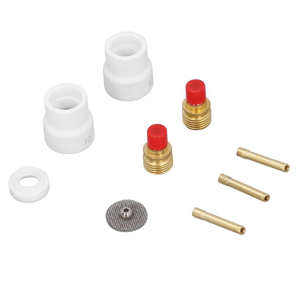 Комплект из 12 предметов: газовая линза для сварки TIG, керамическое сопло, держатель электрода с коротким скосом, сетчатый разъем, передняя часть из ПТФЭ