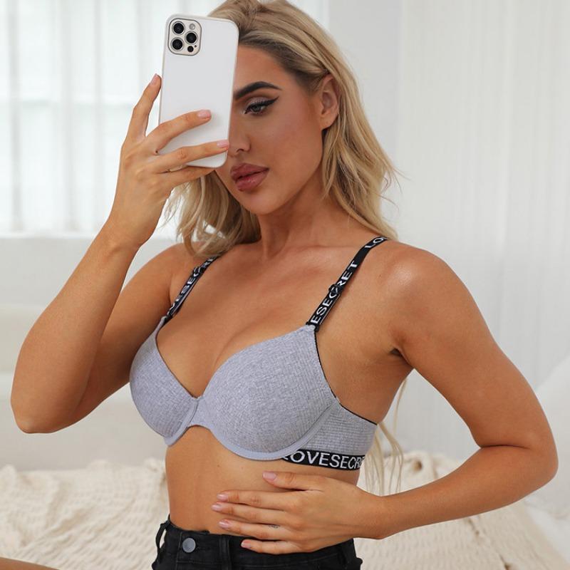 Sexy Underwear Letters Black Cotton Molded Underwire Fashionable Adjustment Bra