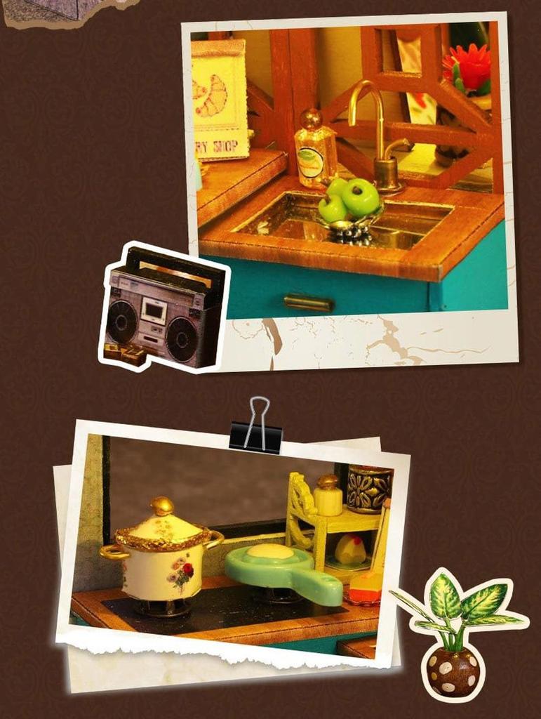 Moin Moin Dollhouse Miniature Handmade Kit Set Antique Retro Brick Red Mailbox Cat Teddy Bear Rooftop LED Light Acrylic Case Figure Music Box