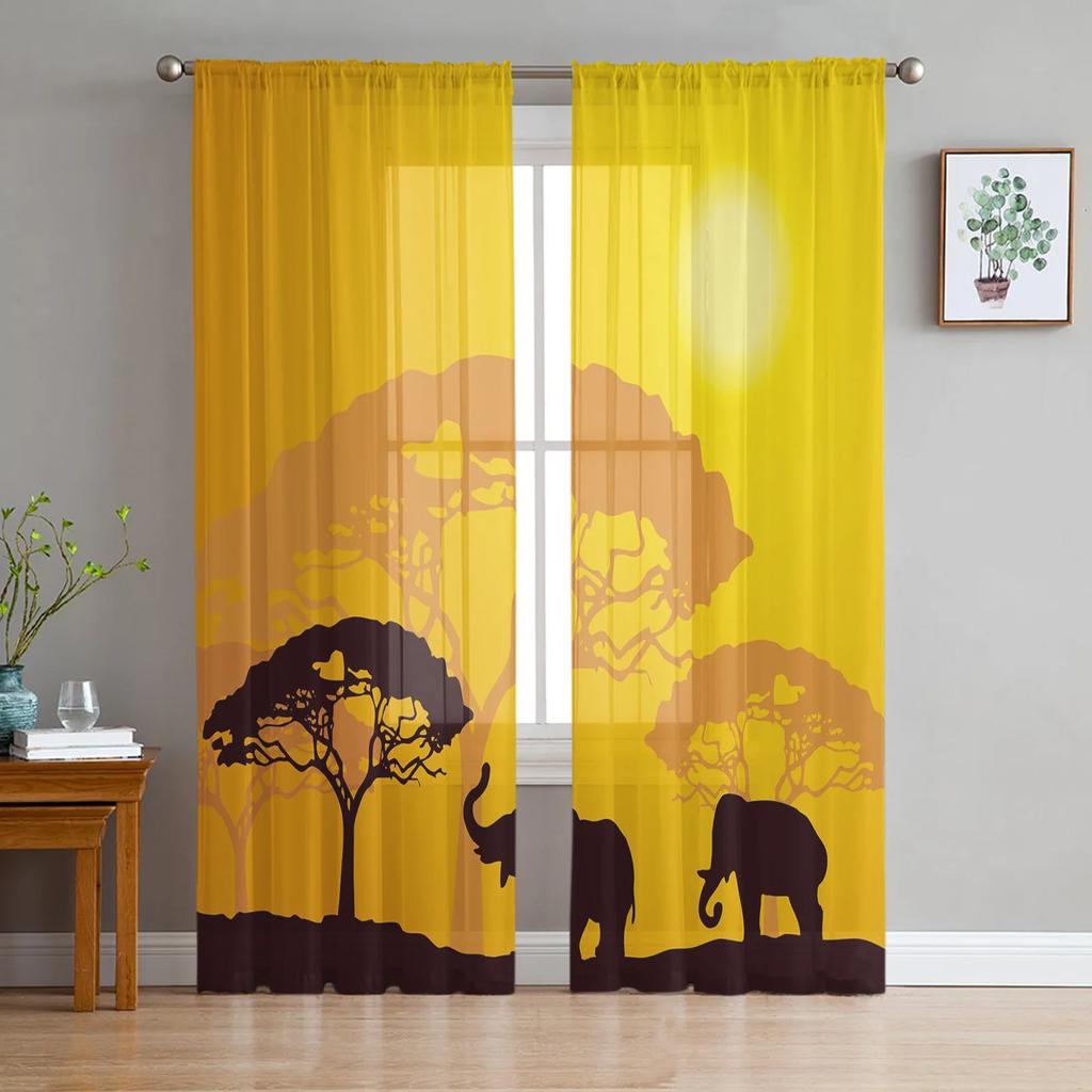 Sunset African Woman Child Tree Silhouettes Tulle Sheer Curtains for Living Room Bedroom Window Curtain Voile Organza Drapes