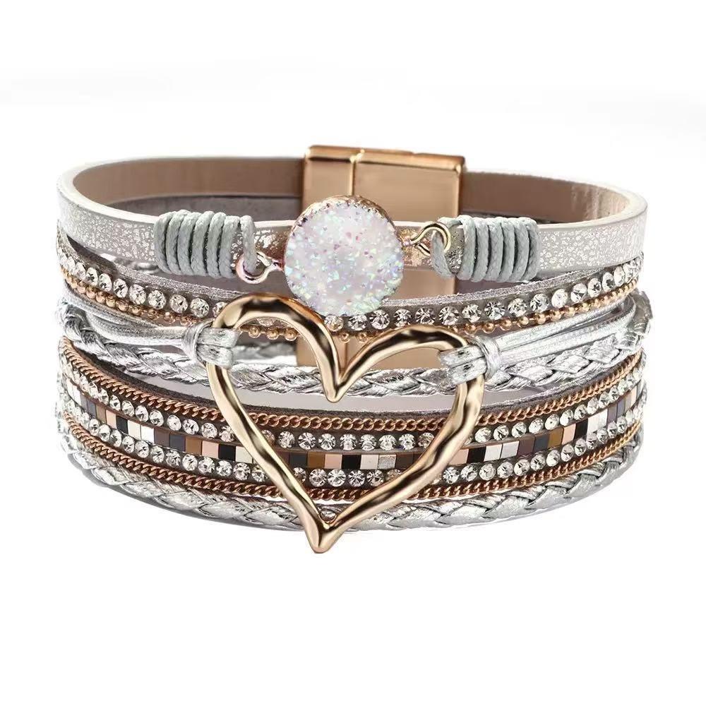 Braided Heart Woven Bracelet Leather Stacked Zircon Bracelets  Female Jewelry