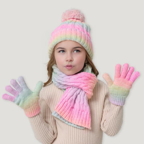 3Pcs/Set Kid Hat Scarf Gloves Set Rainbow Color Plush Ball Decor Knitted Hat Windproof Scarf Gloves Set Winter Accessories