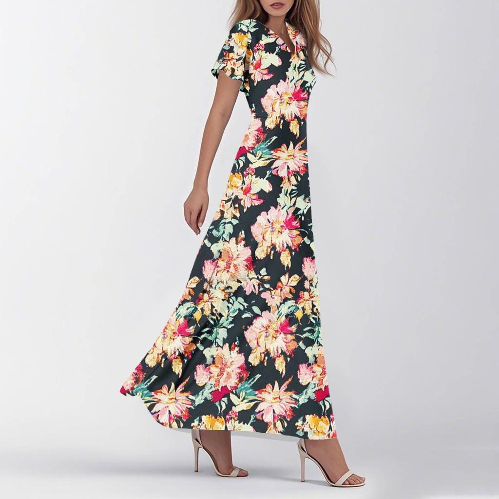 Женское летнее повседневное модное ретро-платье с цветочным принтом и коротким рукавом