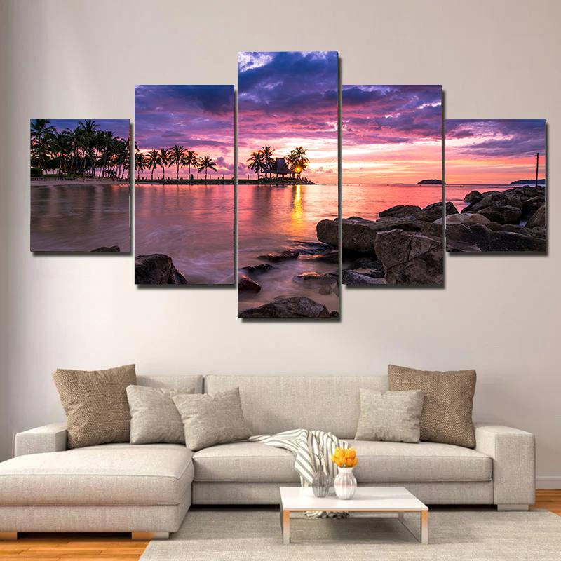 5 pieces Seaside Landscape Canvas Painting, Sunrise, Sunset, Coconut Trees and Ocean Waves, For Home Room Hotel Decor, No Frame