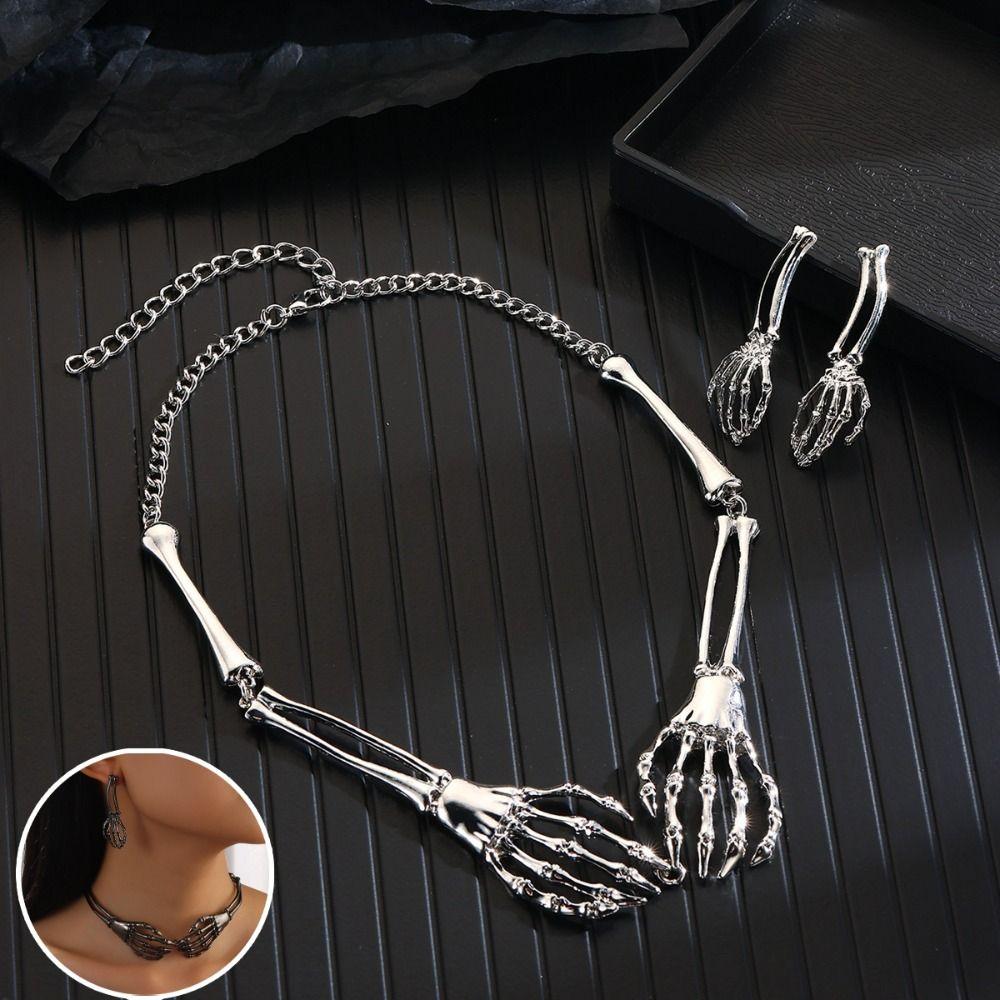 Hip Hop Chains Choker Earrings Set Gothic Punk Necklace Earring Fashion Skeleton Jewelry Suit Gift