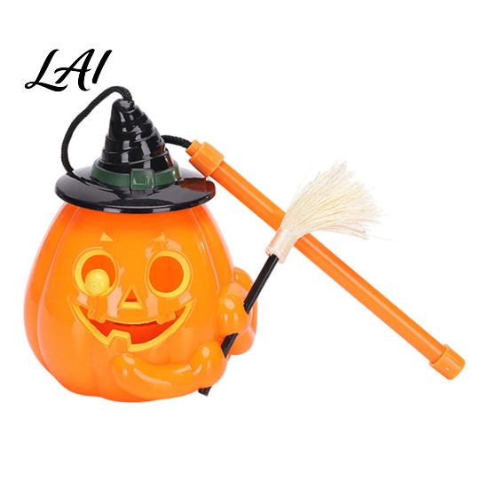 Trick or Treat Lamp Glowing Halloween Pumpkin Lantern Jack O Lantern with Witch Hat Broom Light Funny Up Decor Prop for Kids Party Decor