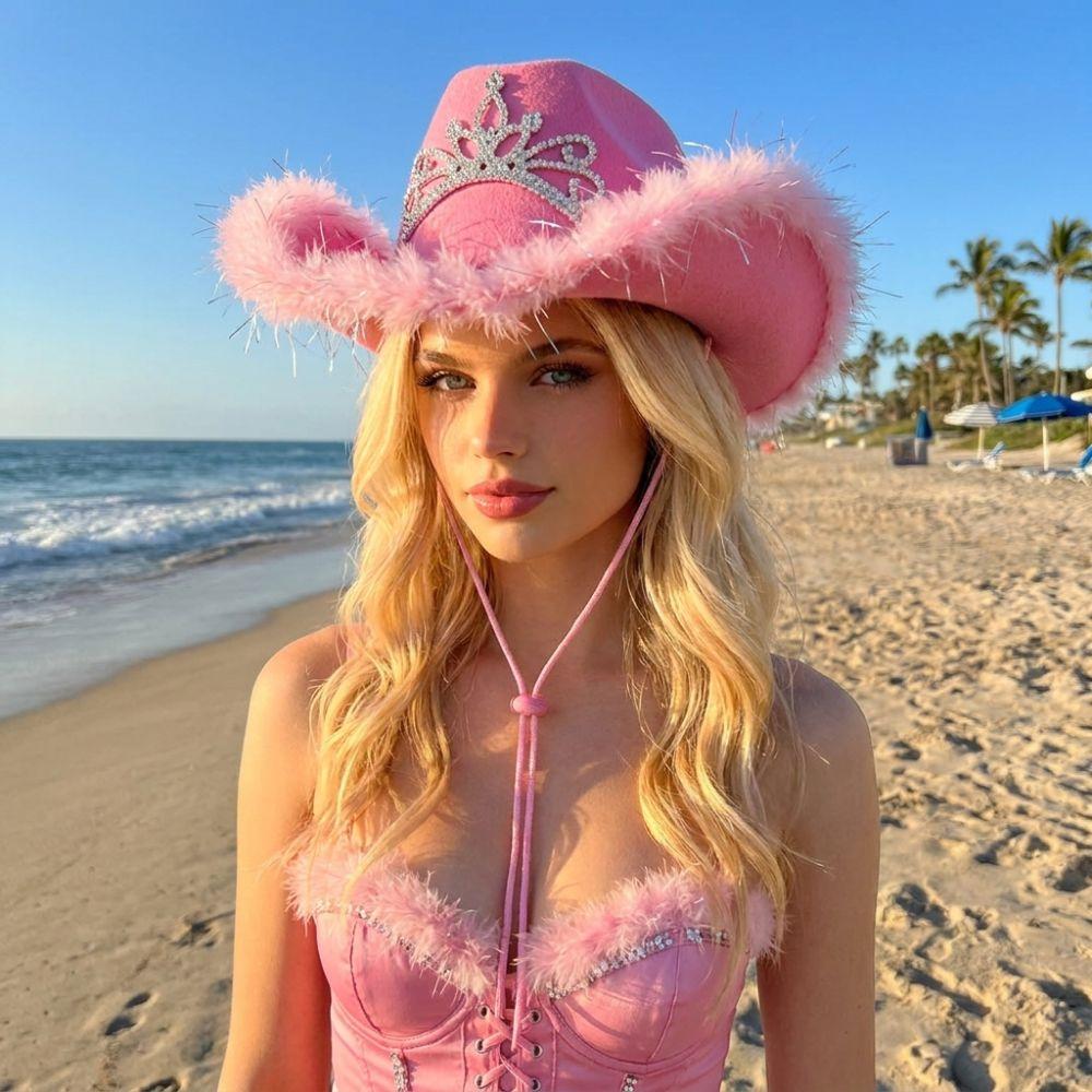 Soft Felt Rhinestone Tiara Cowgirl Hat Wide Curved Brim Festival Jazz Hat Halloween