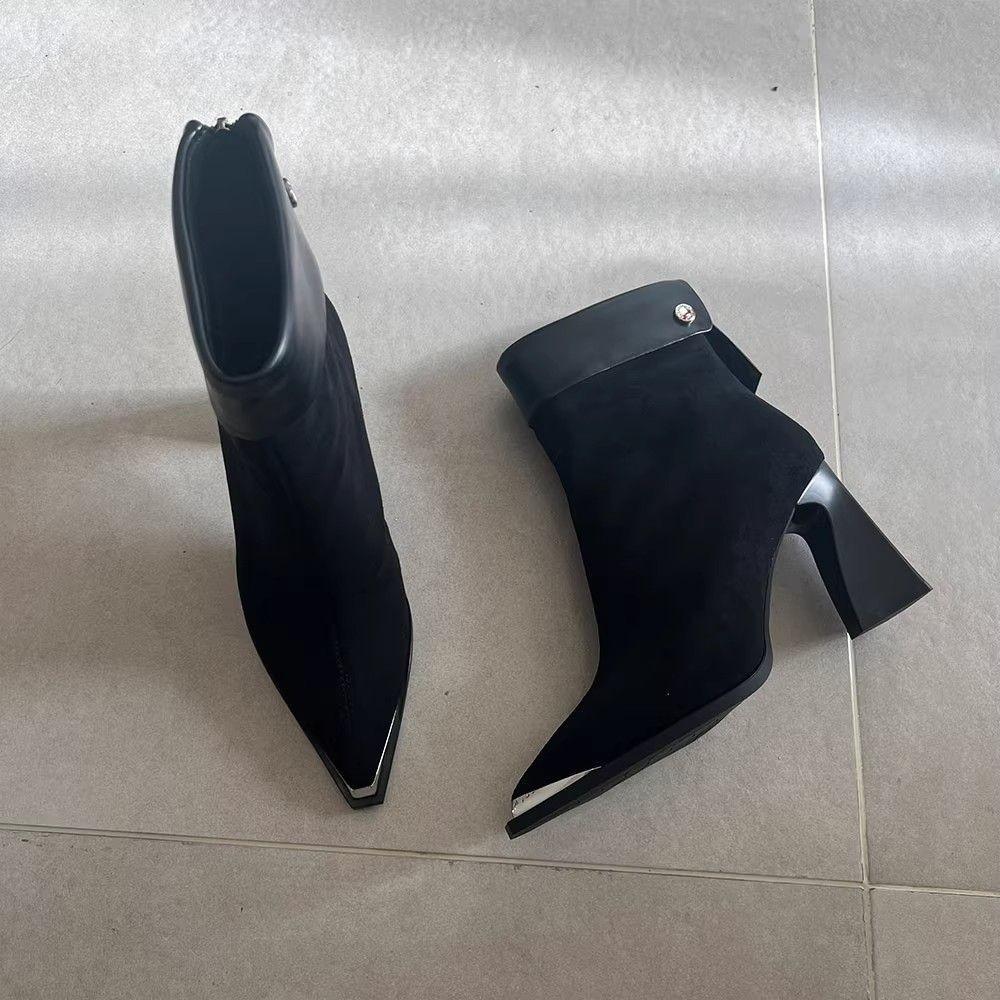 Winter new metal versatile pointed fashion boots women's suede thick heel temperament high heel elastic thin boots