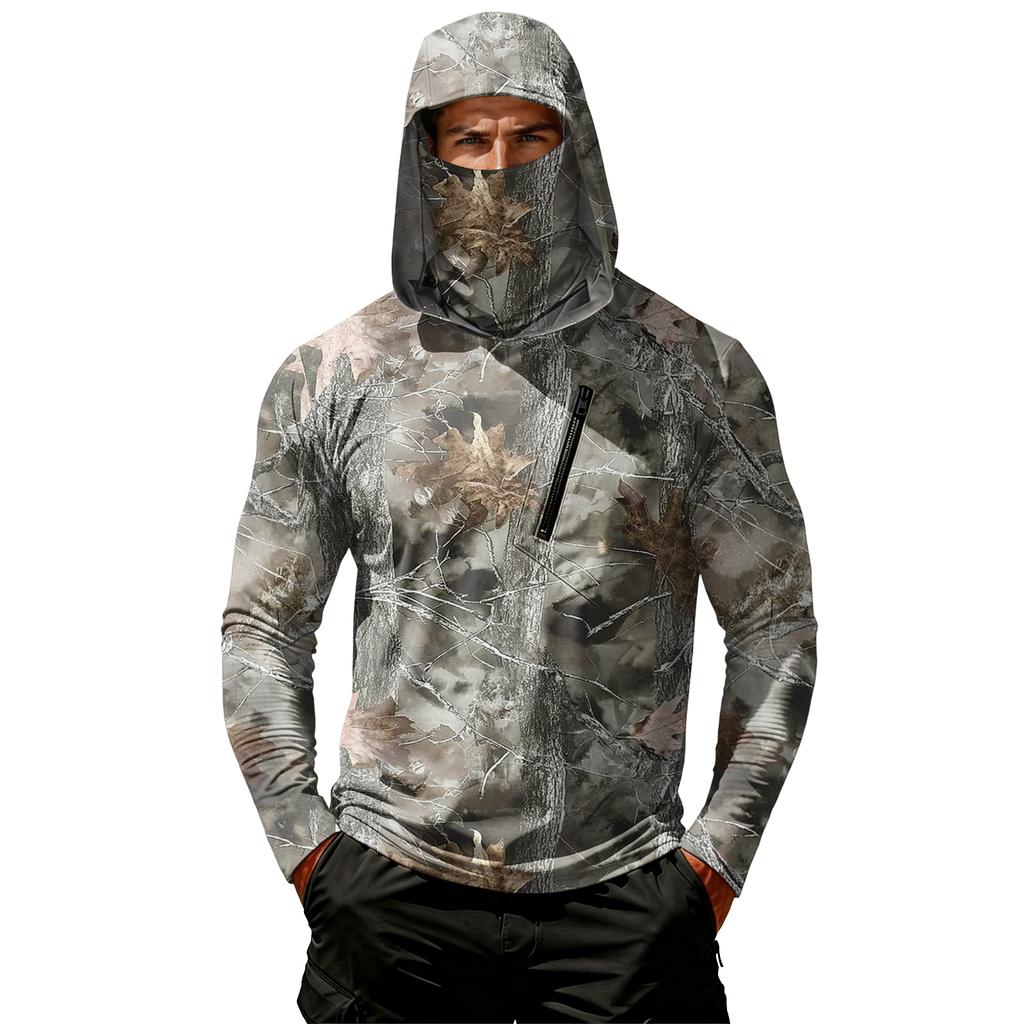 Men’s Casual Hooded Long Sleeve Sun Top with Leaf Camouflage Print and Zippered Chest Pocket for Outdoor Activities