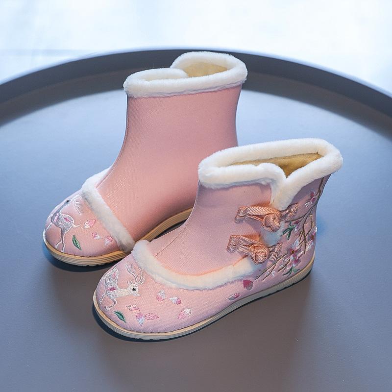 Детские хлопковые сапоги для девочек с вышитым кроликом 2024 года, детские зимние сапоги из теплого толстого плюша с мехом в китайском стиле