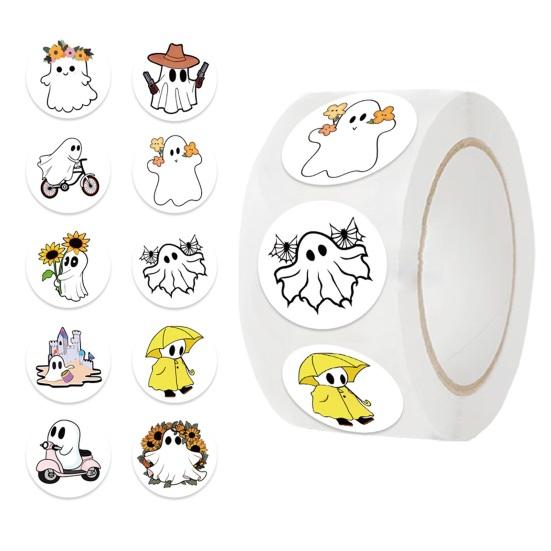 1 Roll Halloween Stickers 500 Sheets Waterproof Diverse Cartoon Ghost Patterns Adhesive for Envelopes Bags Bottles Treats Decorations Decals