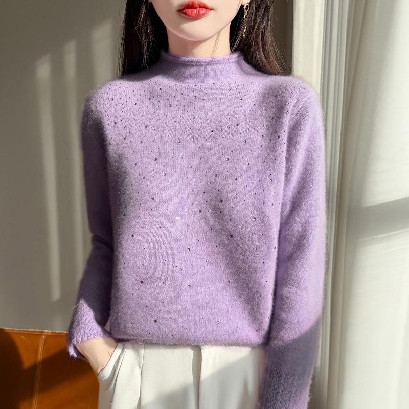 2026 A/W Wool Sweater: Thickened Roll Edge, Half-High Collar, Long Sleeve, Hot-Fix Rhinestone, Hollow-Out Knitwear.
