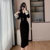 New French V-neck Celebrity Temperament and Waist-hugging Long Velvet Dress In Autumn