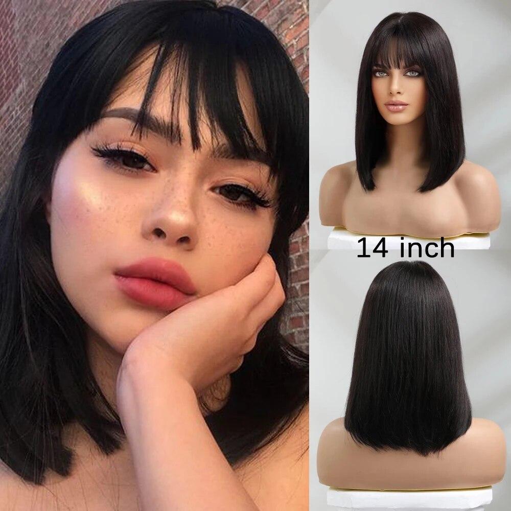 HAIRCUBE Прямые парики из натуральных волос Боб с челкой Темно-коричневые короткие парики Боб для женщин Парики машинного производства Remy, термостойкие