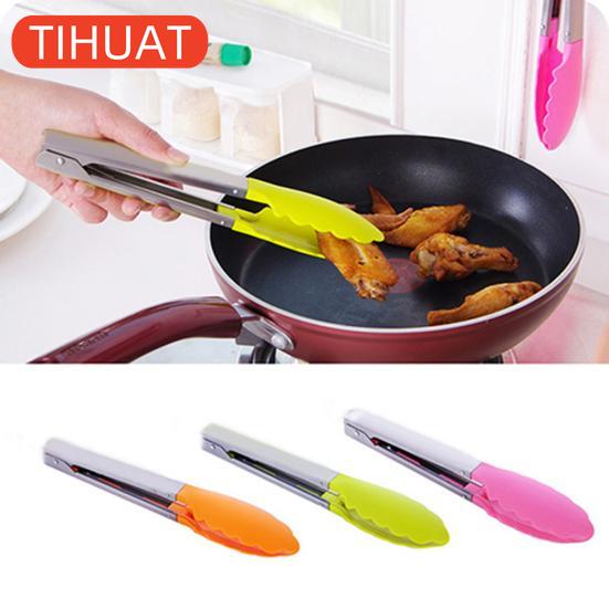 Silicone Salad Cooking Tongs with Stainless Steel Handle BBQ Kitchen Utensils